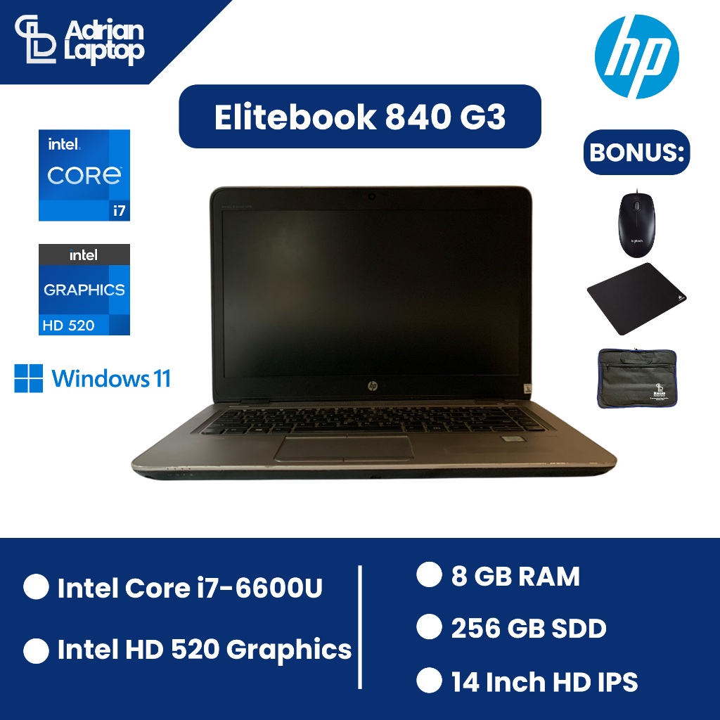 Laptop Second HP Elitebook 840 G3 | Intel Core i7-6600U RAM 8GB SSD 256 GB Layar 14 Inch | Mulus & B