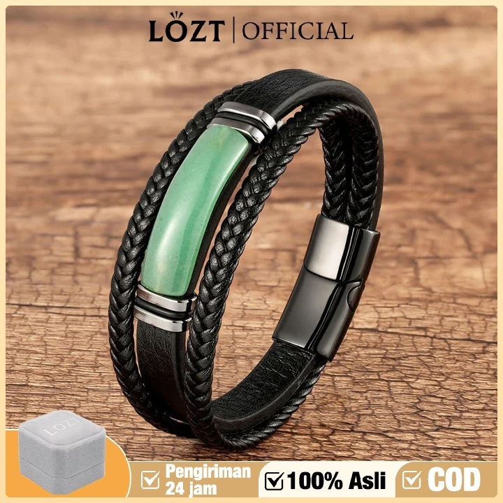 [100% Asli]Gelang Kulit Pria Giok Keren Giok Hijau Batu Alam Kulit Gelang Batu Alam kalimantan Gelan