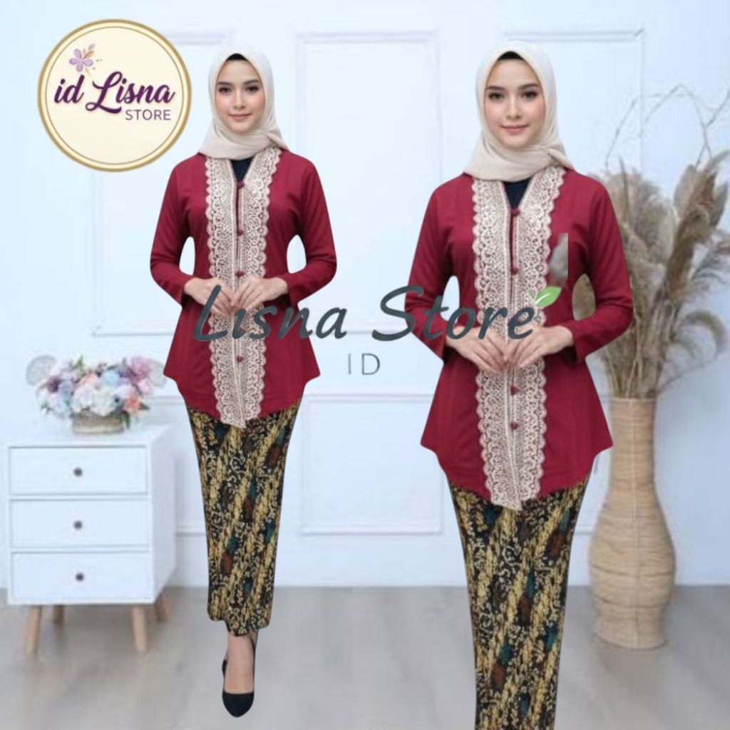 Setelan Kebaya Encim Dewasa Tamala Kebaya Encim Modern Elegan Model Krah V Kombinasi Bawahan Rok Pli