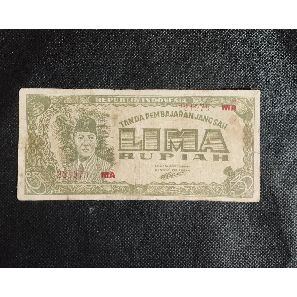 uang kuno 5 rupiah Sukarno thn 1945 langka  bekas beredar JELEK 100% Asli
