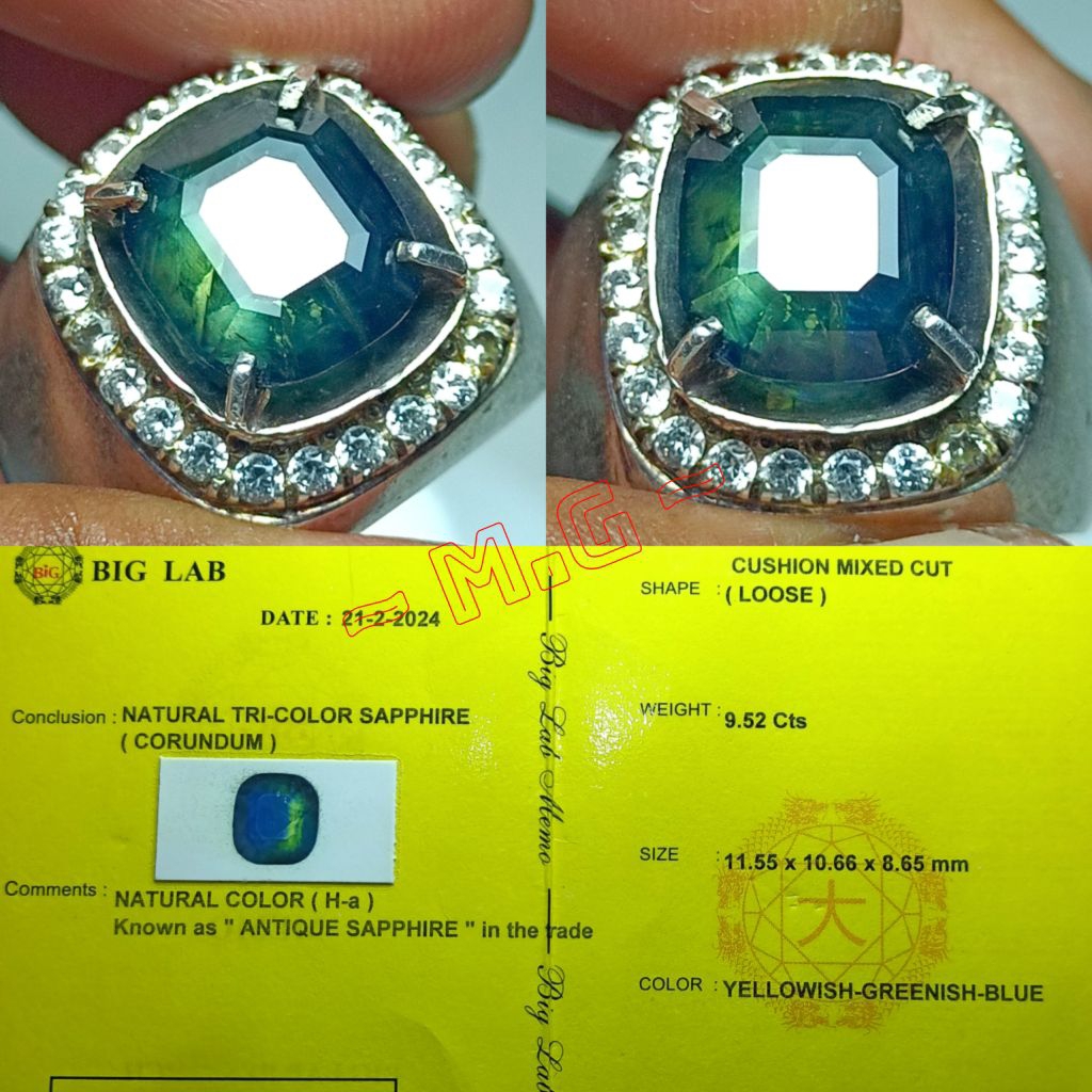 NATURAL TRI-COLOR SAPPHIRE ANTIQUE SAPPHIRE BIG SIZE PERAK HANDMADE MEMO BIG LAB