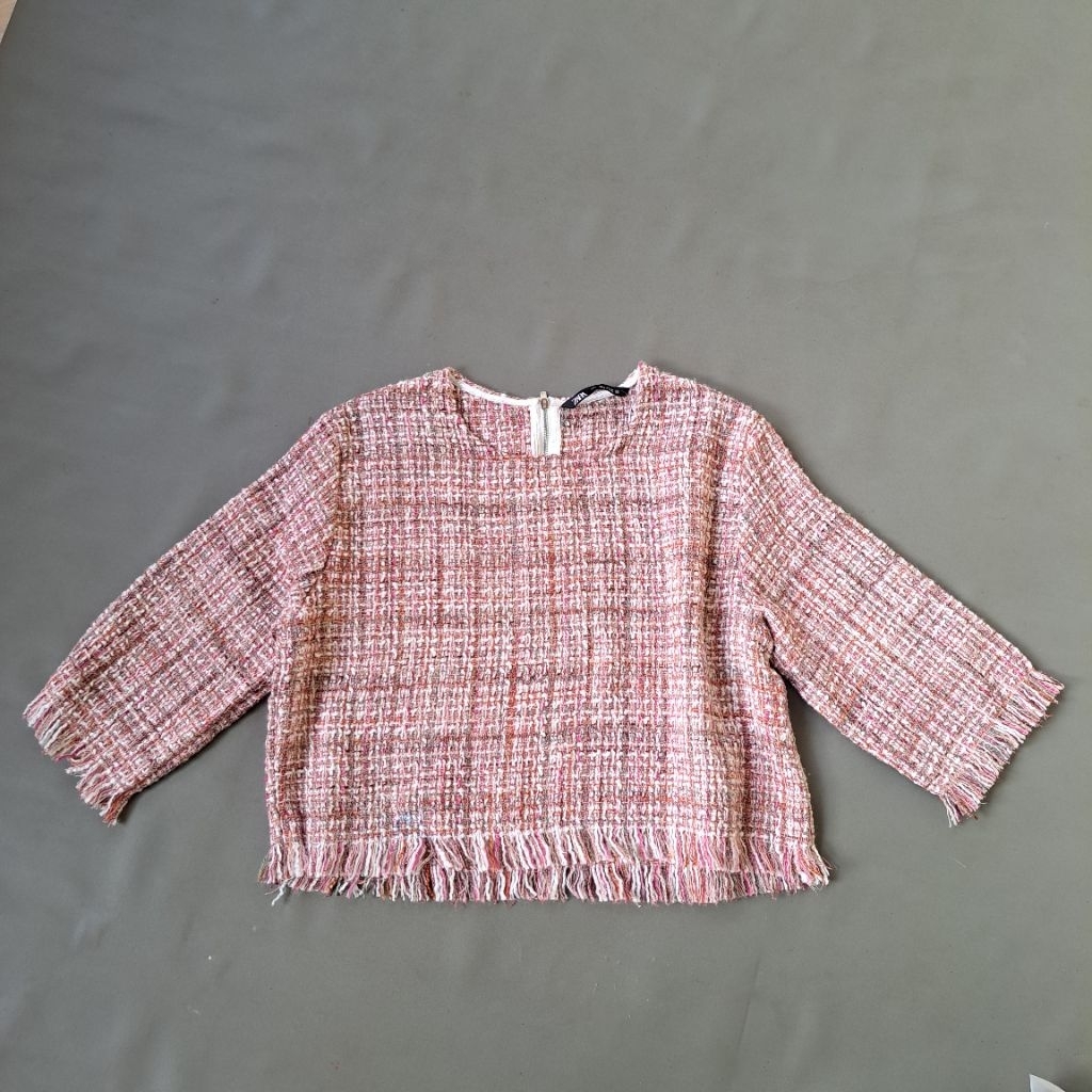 blouse crop zara ori tweed tebal pink rajut koreastyle