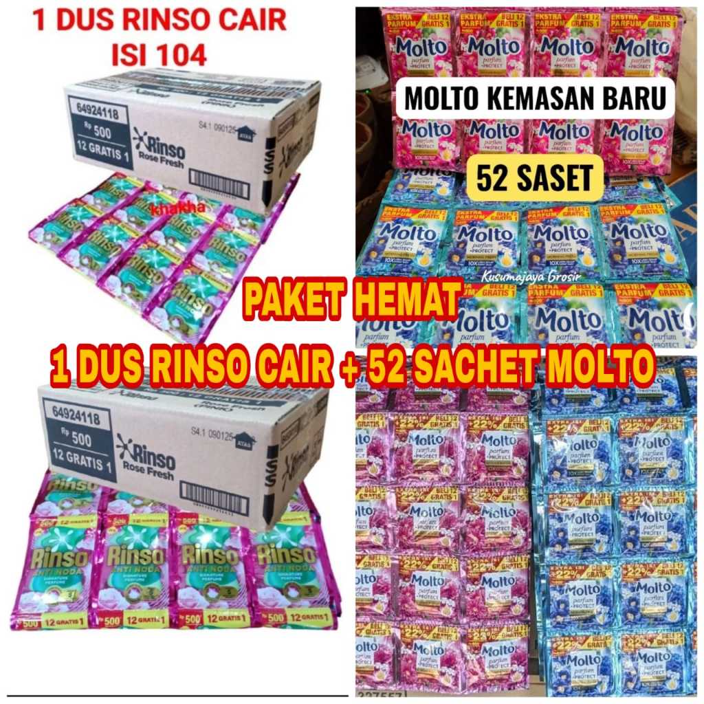 Paket Hemat 1 Dus Rinso Cair 104 Sachet Plus Molto 52 sachet Molto Kemasan 500san