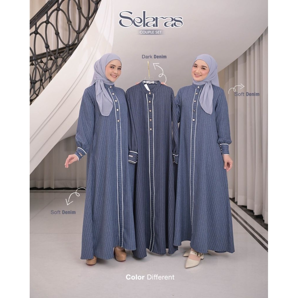 Selaras Dress Motif Salur Gamis Bahan Soft Jeans by Azzha