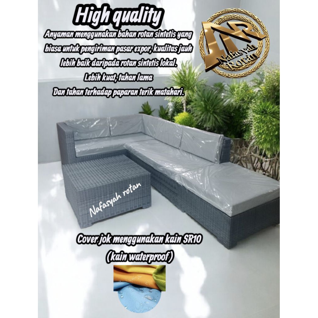 sofa L rotan sintetis + kursi ottoman, rotan sintetis original expor