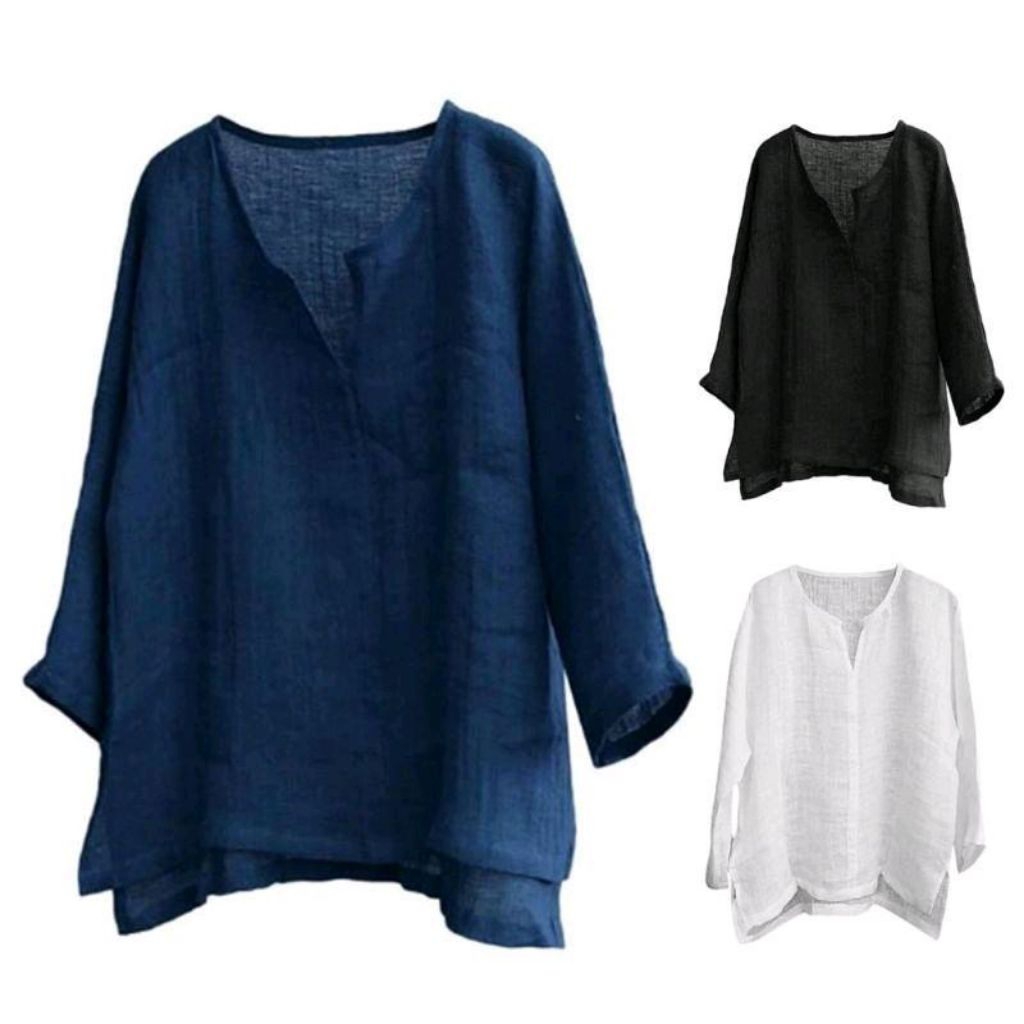 LINEN ELITE ​Kemeja Oversize UNISEX V-Neck Katun Linen Lengan Panjang (Basic Casual Pria Wanita)