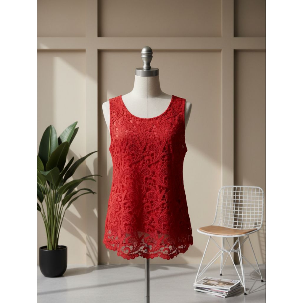 NEW - blouse renda merah wanita atasan jalan lace brukat tanpa lengan tanktop you can see pakaian ba