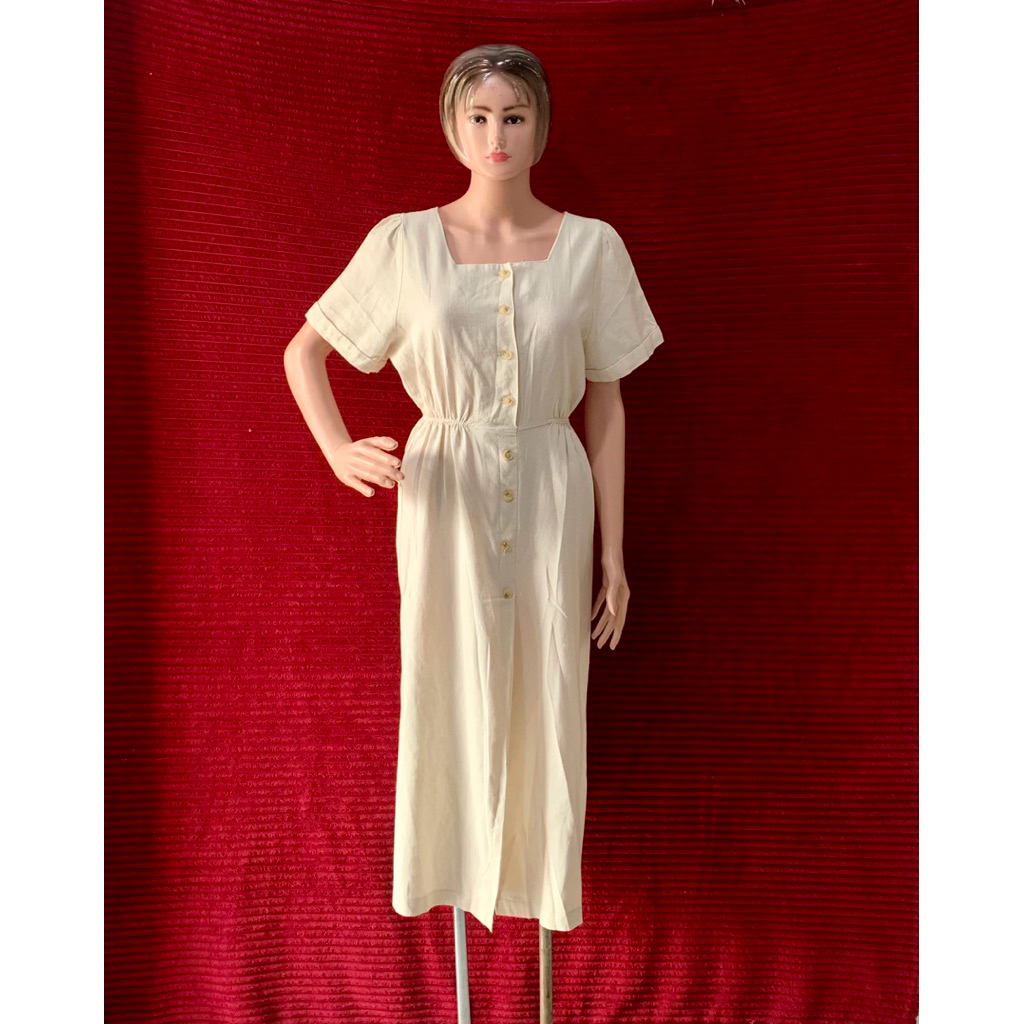 CASUAL DRESS LEHER KOTAK WANITA PINGGANG KARET KANCING DEPAN