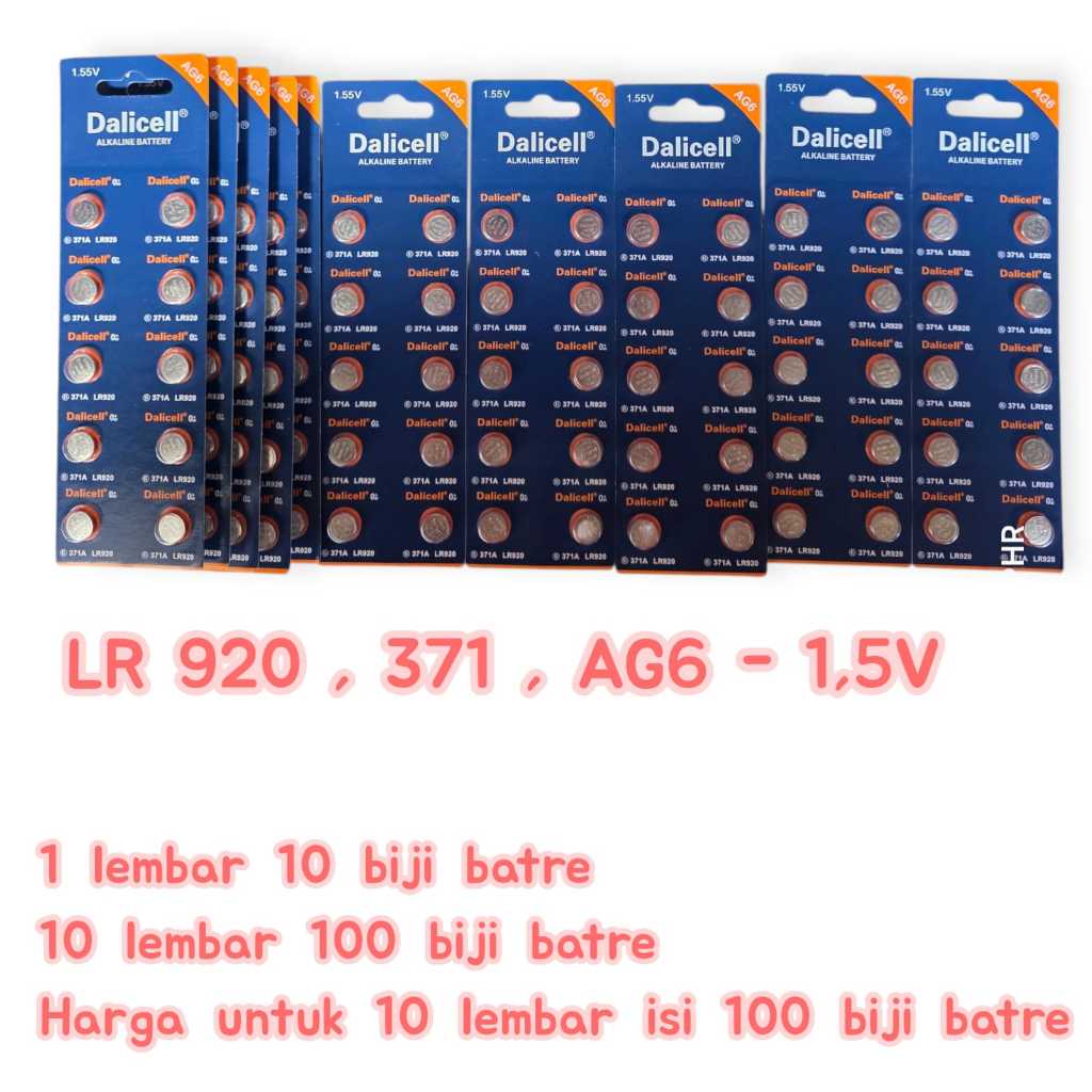 ( PAKET HEMAT 10 LEMBAR 100 BIJI BATRE ) baterai jam tangan DALICELL LR 920 / 371  AG6 original 1,5V