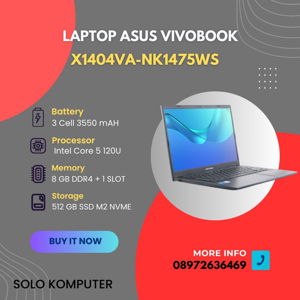 LAPTOP CORE I5 TERBARU DARI ASUS  VivoBook X1404VA-NK1475WS with Intel Core 5 120U and 8GB Upgradeab