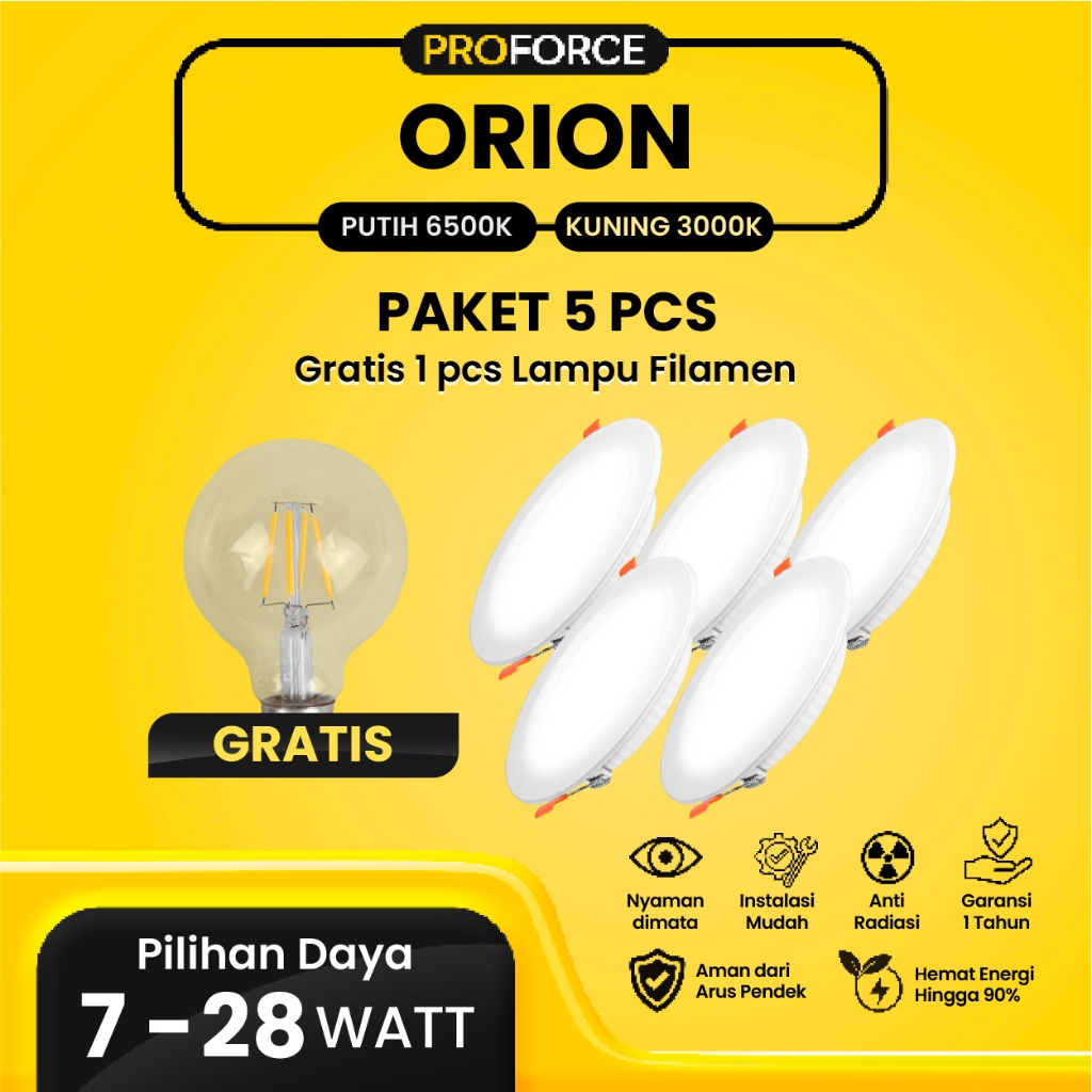 Paket 5 Pcs Proforce Lampu Downlight Panel Plafon LED Warna Cahaya Putih dan Kuning Orion Garansi Re