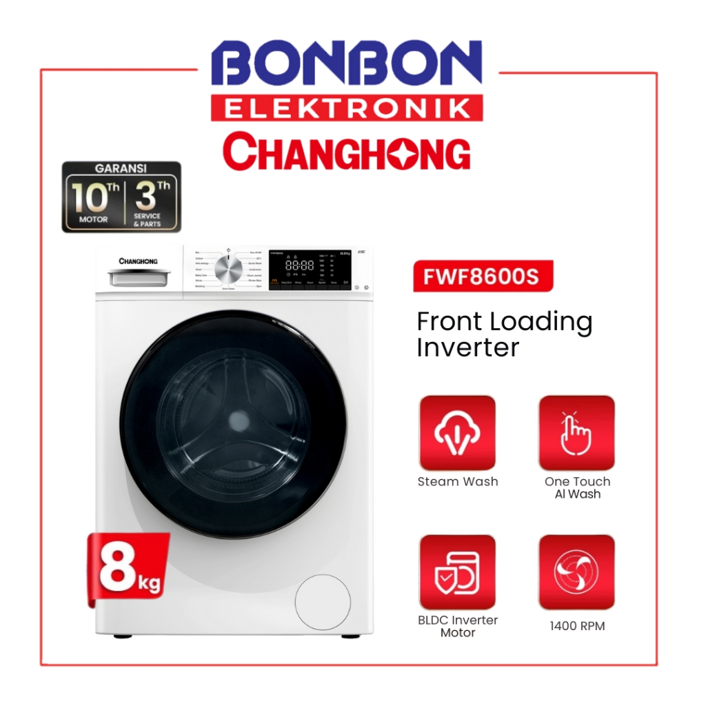 Changhong Mesin Cuci Front Loading 8 kg FWF8600S / FWF-8600S / FWF 8600S - 16 Progam Pencucian - Sma