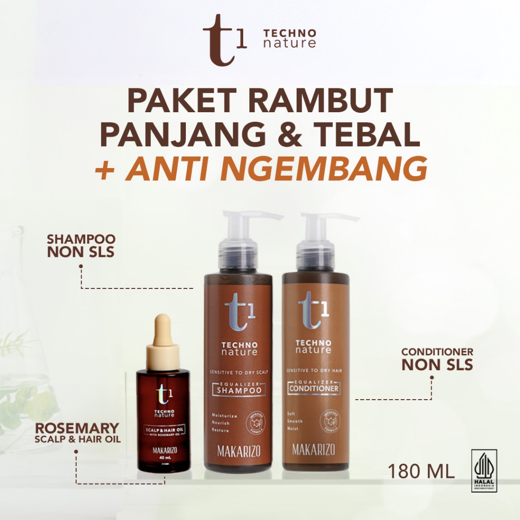 Paket Rambut Panjang & Tebal + Anti Ngembang | T1 Techno Nature Rosemary Oil + Shampoo + Conditioner