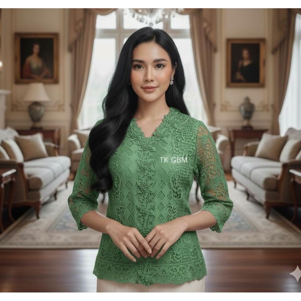 Blouse brokat bangkok wanita bunga timbul warna sage ukuran XL sampai XXXL ,Atasan brokat bangkok bu