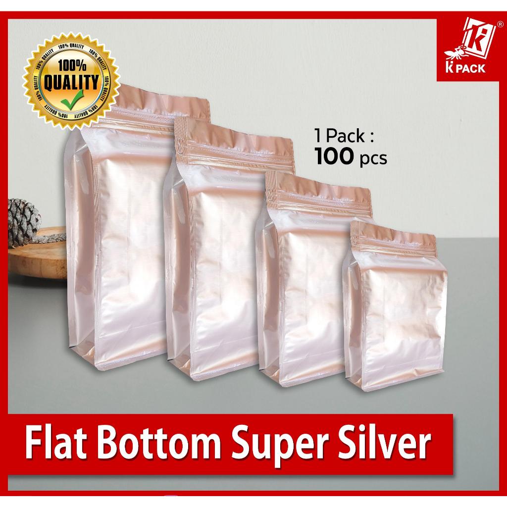 K-Pack Flatbottom Super Silver KPack untuk Kemasan Kopi Cookies Bubuk Bahan Alumunium Foil Kedap Uap