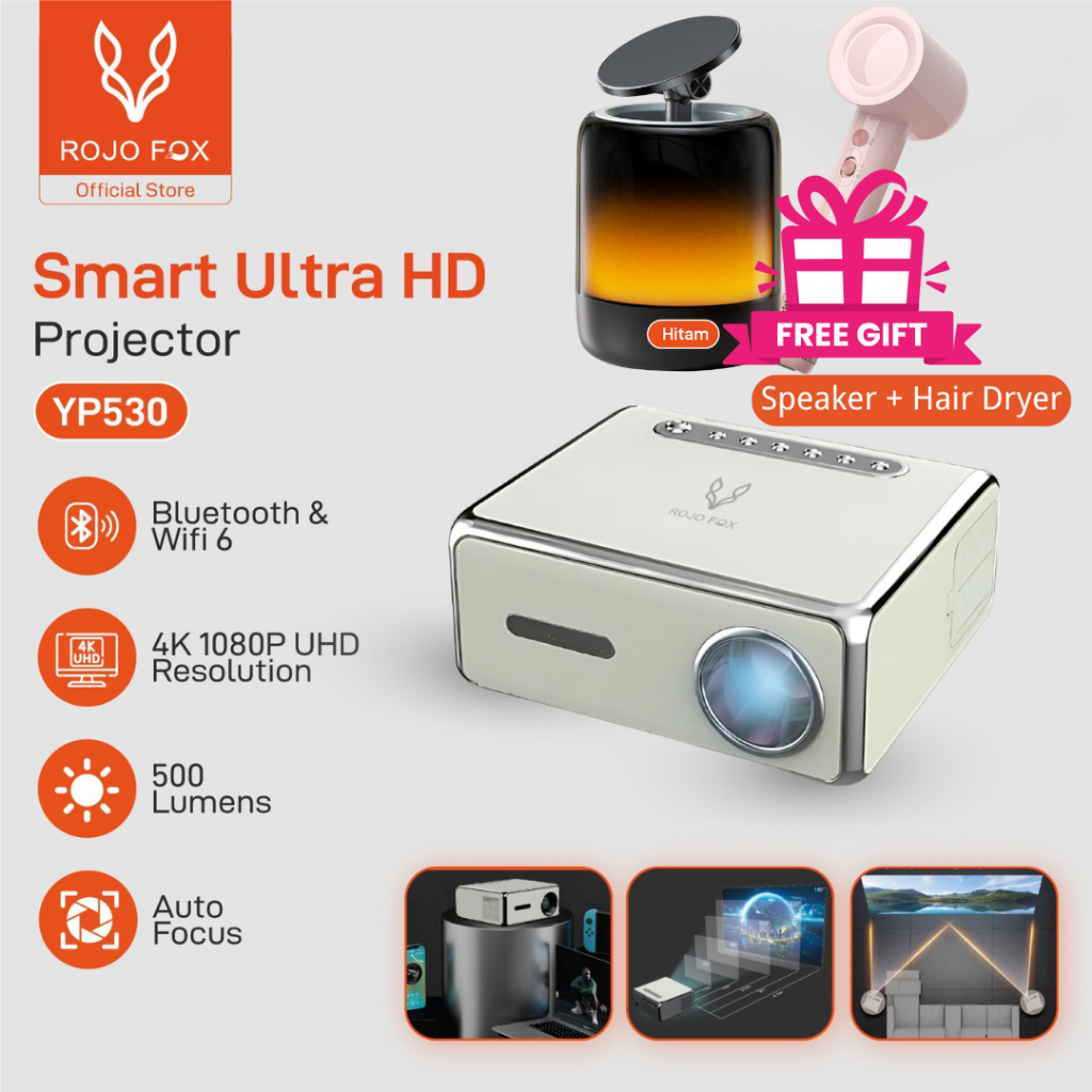 ROJO FOX Android Smart Projector YP530 | 4K Full HD 1080P | Auto & Manual Focus | WiFi 6 & Bluetooth