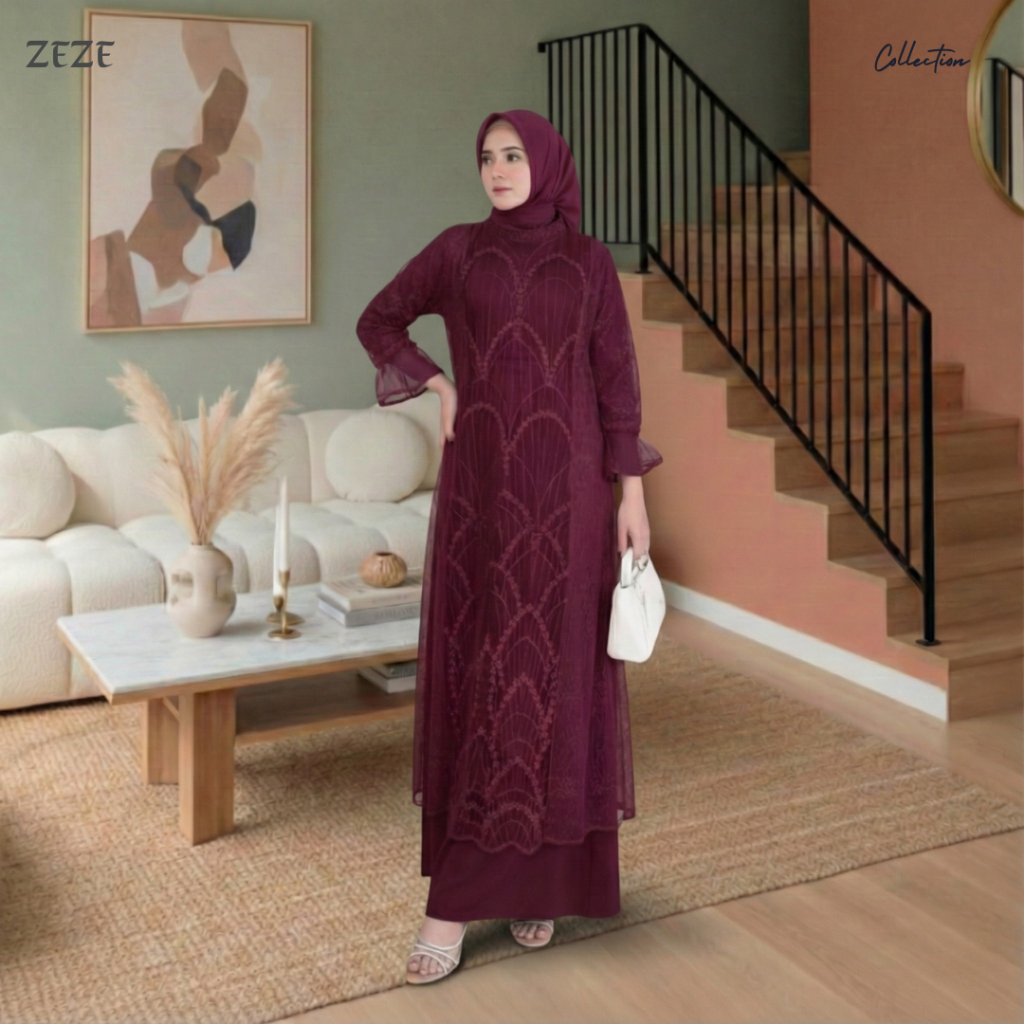 Zeze-Allea Dress Gamis Silk Brokat Premium Burgundy Abaya Maxy Brukat Mewah Terbaru