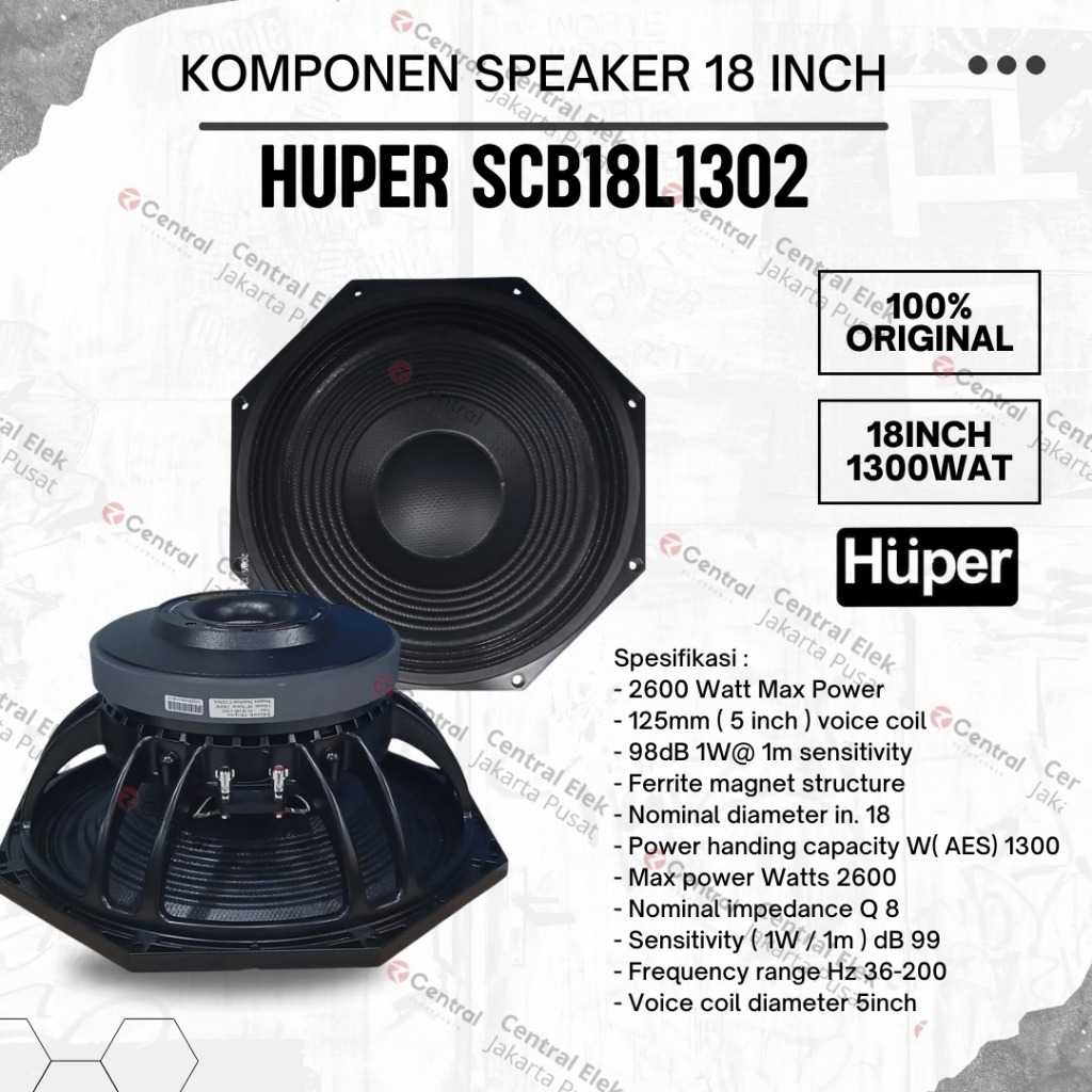 Speaker komponen 18in Huper SCB18L1302 / SCB 18 L1302 1300 watt coil 5 Carbon Cone