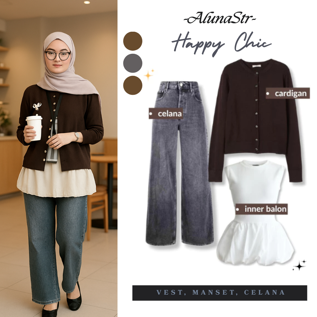 Cardigan Wanita Coklat + Inner Balon Premium | OOTD Hijab Minimalis Korea | Set Atasan Wanita Kekini