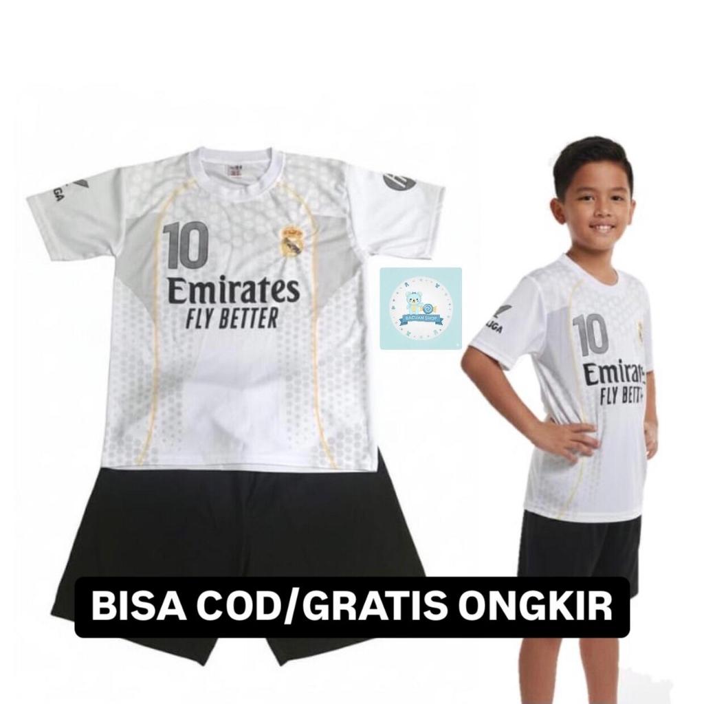 COD / SETELAN BAJU BOLA ANAK TERBARU 2025 REAL MADRID PUTIH / SET BAJU BOLA ANAK LAKI LAKI MOTIF LEN