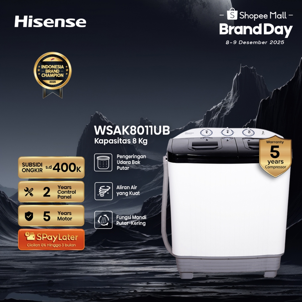 Hisense Mesin Cuci WSAK8011UB Top Loading Twintube Kapasitas 8KG 2 Tabung Bukaan Atas Pengeringan Ud