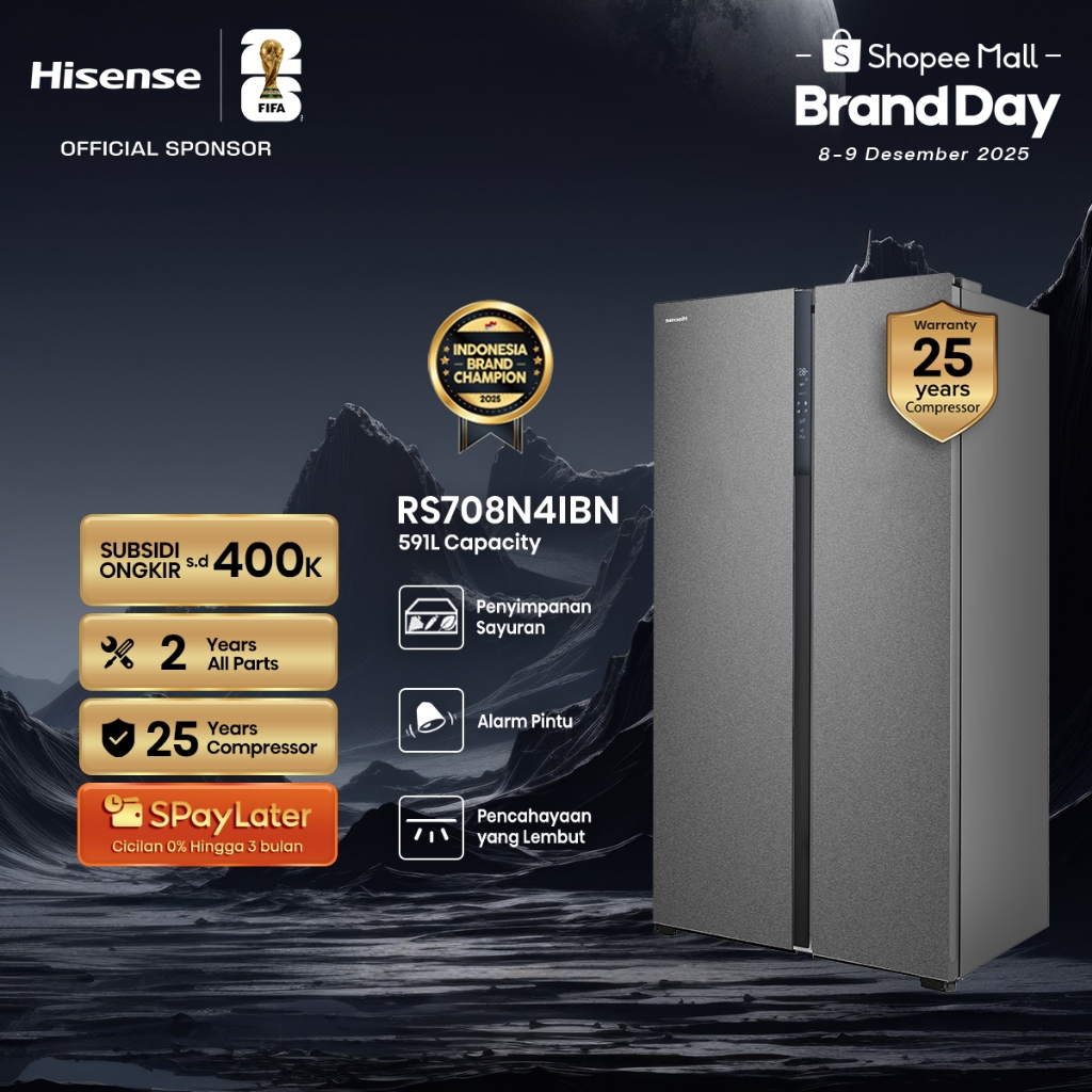 Hisense Kulkas RS708N4IBN Refrigerator Side By Side Kapasitas 591L Warna Hitam Inverter Tanpa Bunga 