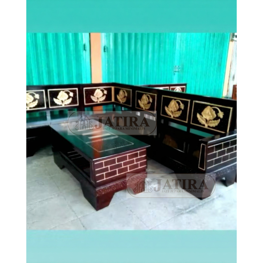 Kursi Tamu L Jati Hitam Bunga Bata + Meja | Sofa Sudut Jati Ukir Palembang