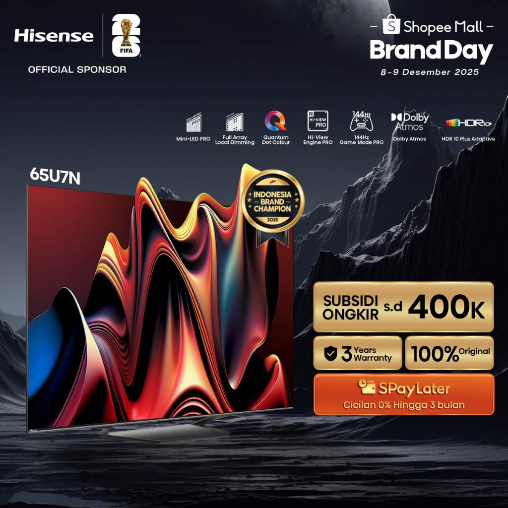 Hisense TV 65U7N 65 inch MiniLED PRO Full Array Local Dimming Quantum Dot Colour Hi View Engine PRO 