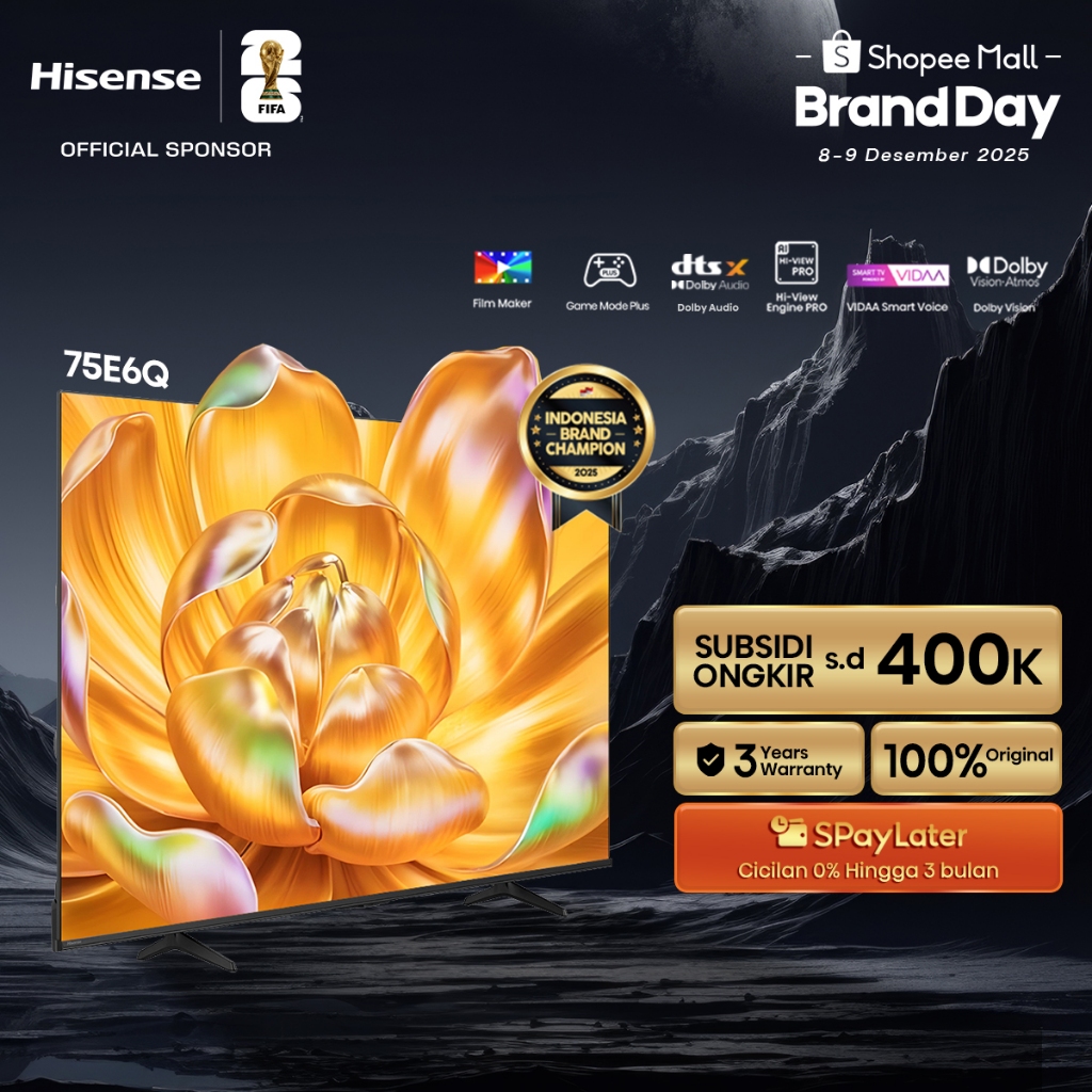 Hisense TV 75E6Q Vidaa Smart Digital TV 75 inch UHD 4K Filmmaker Mode Dolby Vision & Audio 60Hz DTS 