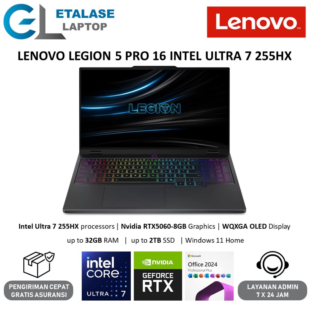 Lenovo Legion Pro 5i Ultra 7 255HX Ram 32GB DDR5 2TB SSD RTX5060-8GB OLED 100% SRGB 165Hz Black