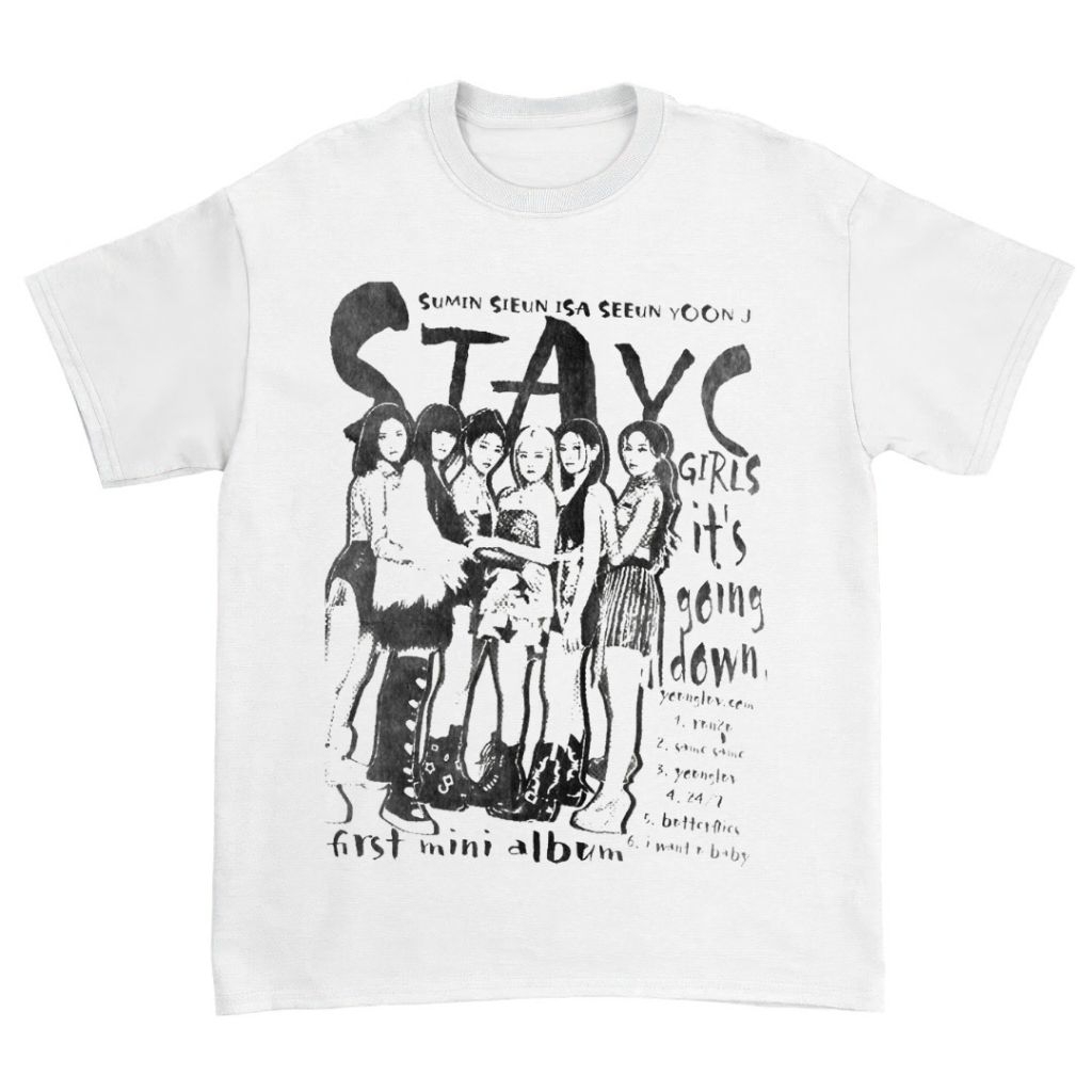 STAYC T-SHIRT REGULER PUTIH VINTAGE TEE ATASAN UNISEX BAJU BAND