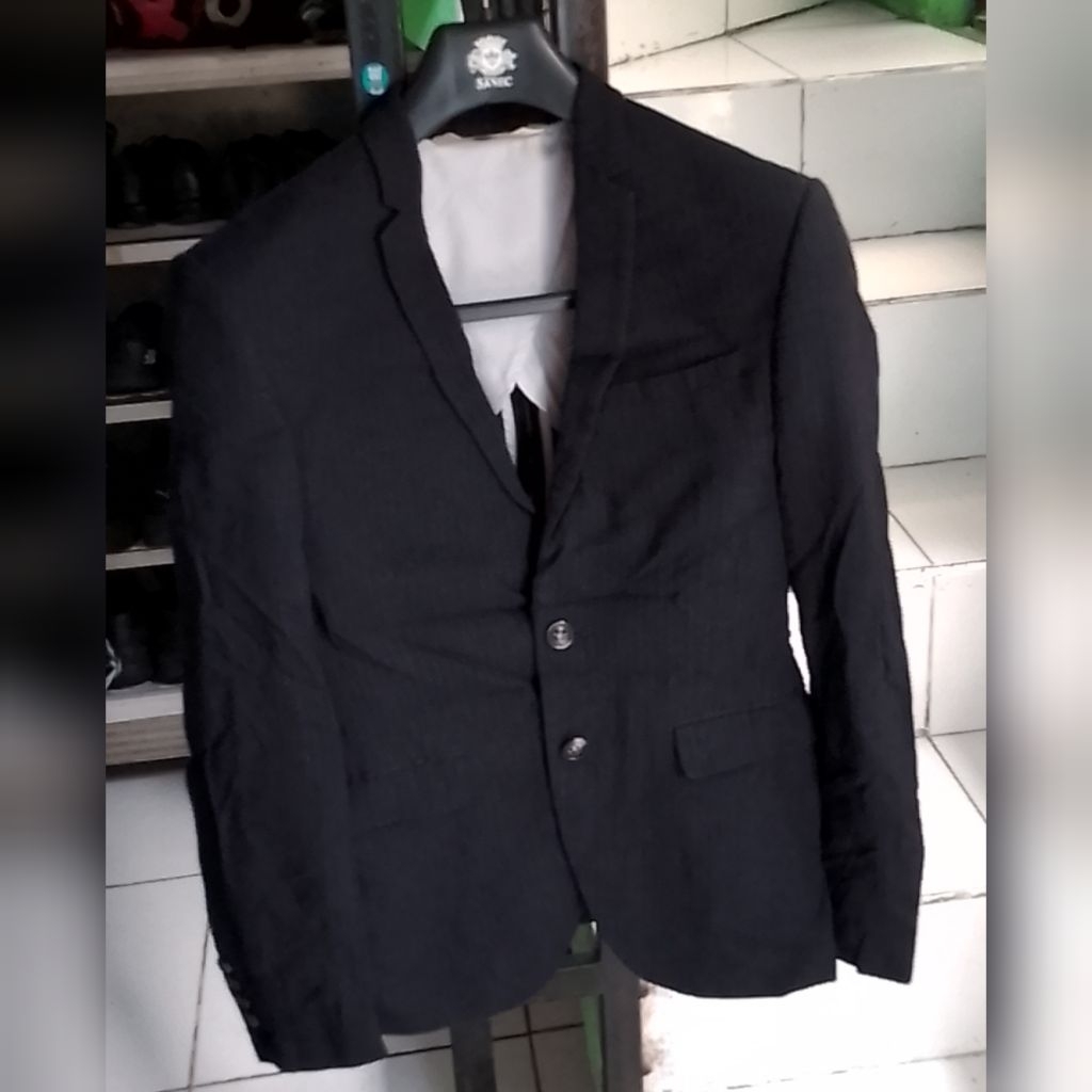 size S set jas blazer setelan zara man original hitam garis salur tebal bisa untuk wedding kerja wis