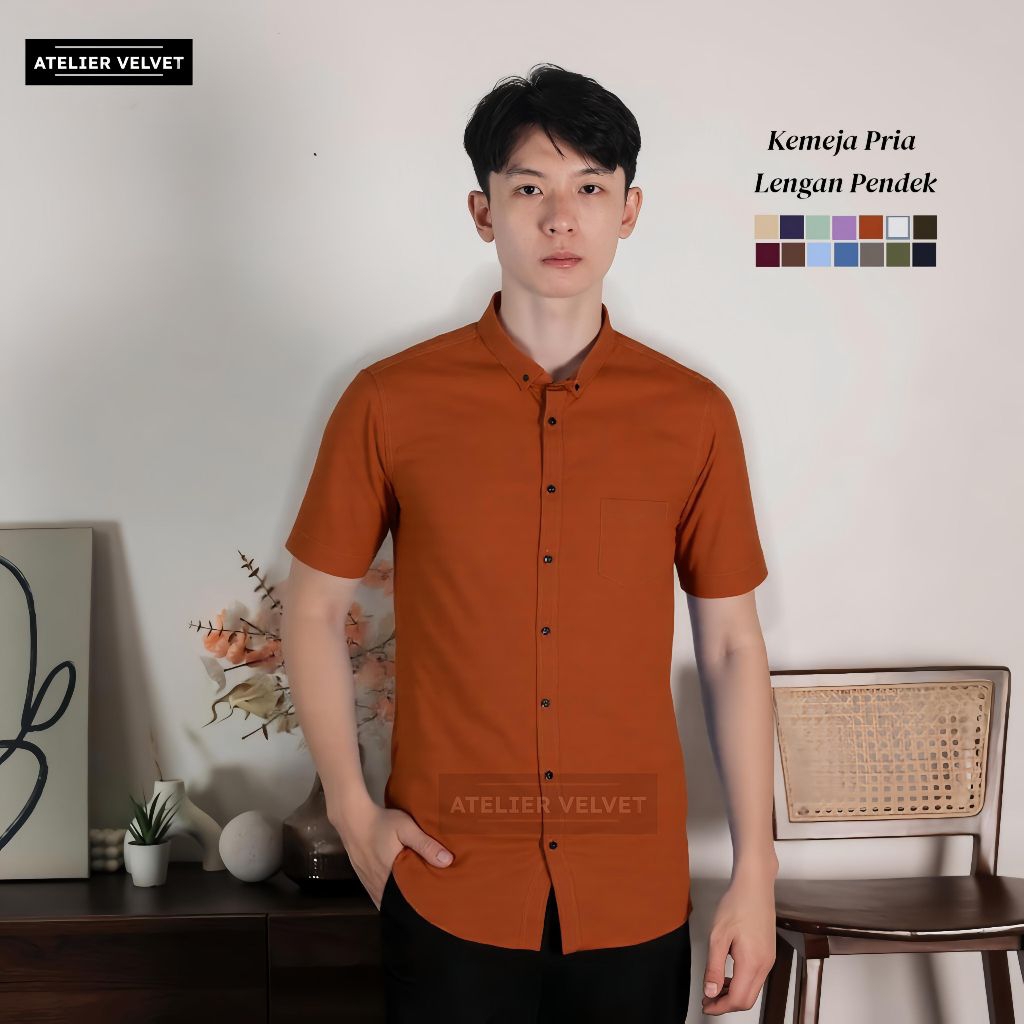 Kemeja Polos Pria Lengan Pendek Warna Teracota Casual Distro Katun Kerja Pernikahan Size M-XXXL