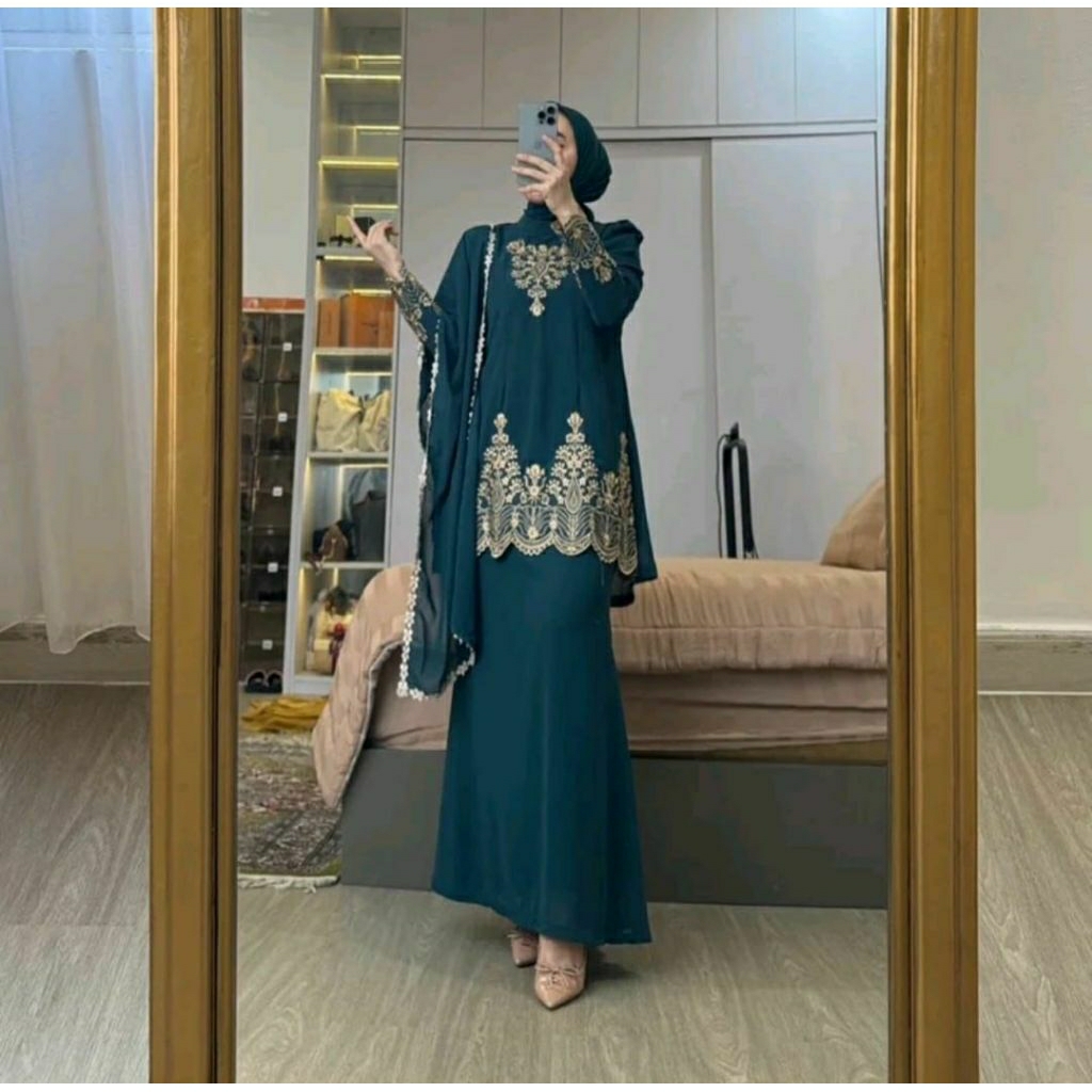 one set stelan gamis malaysia/gamis ceruty malaysia/set rok hijab dan salendang/gamis ceruty terbaru