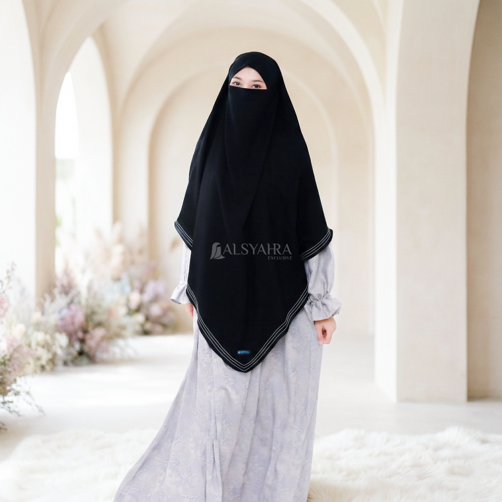 Alsyahra Exclusive - Khiban French Khimar Lancip V Zainab Signature Soft Jetblack