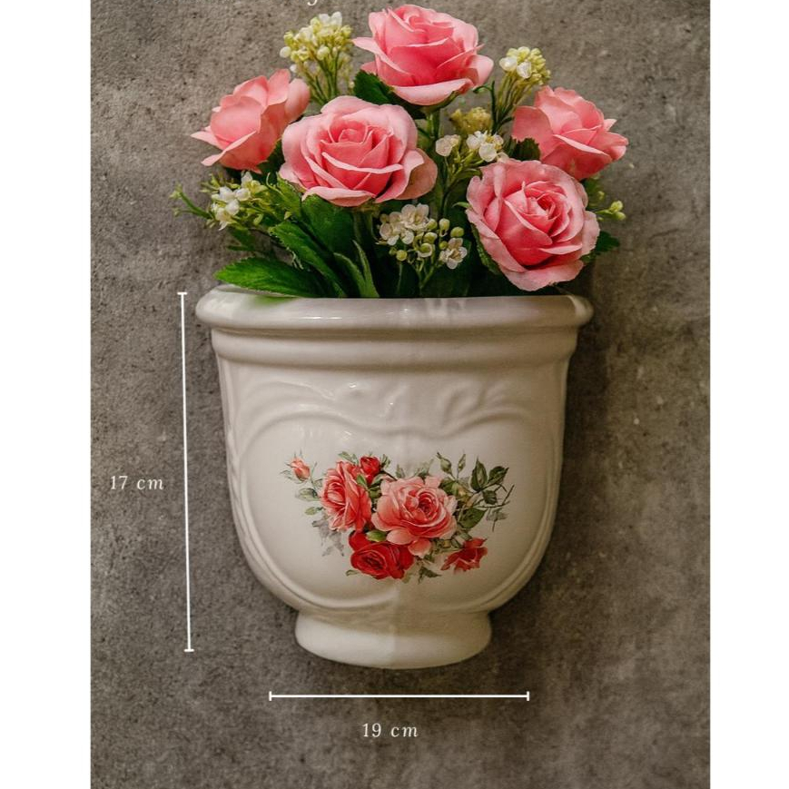 Pot Bunga Keramik Tempel Dinding Putih Stiker Mawar Merah Cantik