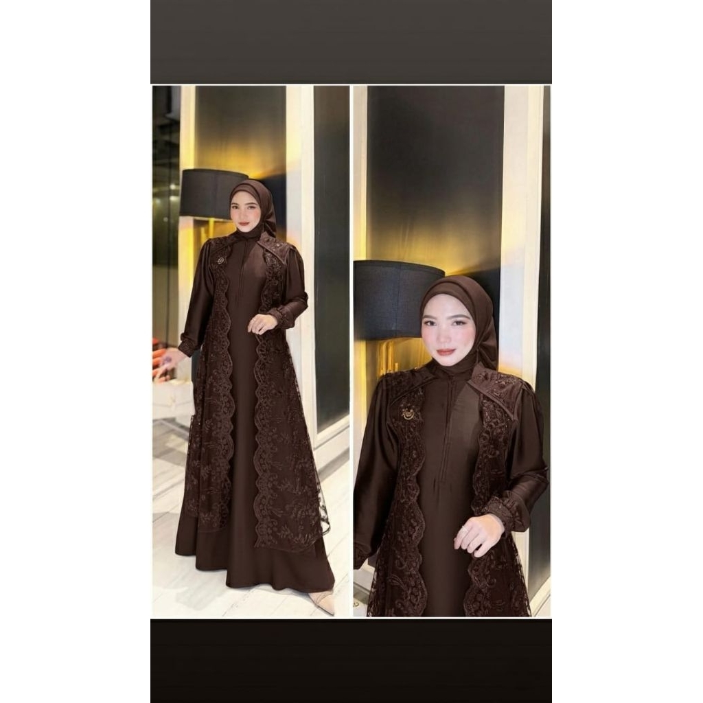 Baju Gamis Pesta Kondangan Warna Mahogany Marbela Dress Bahan Velvet Mix Brokat Mewah Elegan