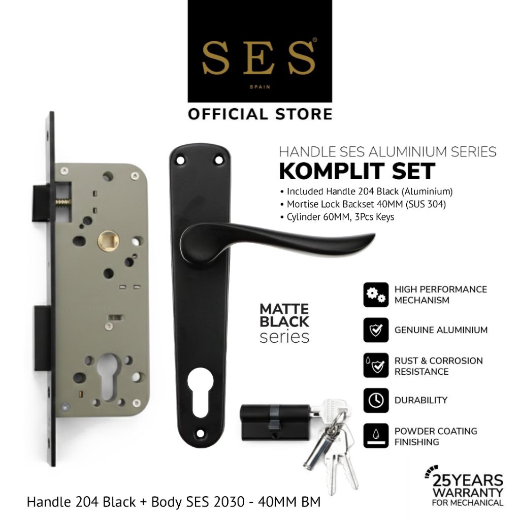 Gagang Pintu Set - Handle Pintu SES 204 Black + Body Kunci SES 2030 - 40mm BM