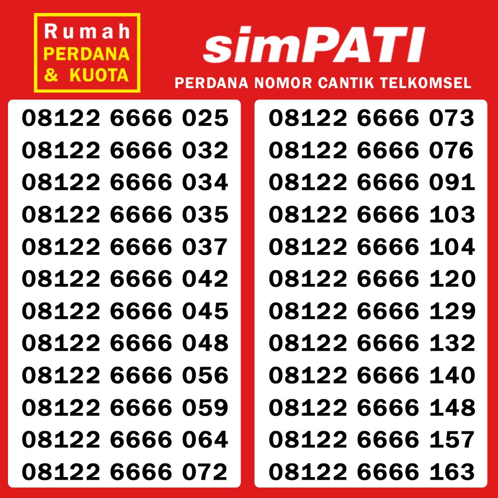 Perdana nomor cantik Telkomsel Simpati kuartet 08122 6666 xxxx 1a