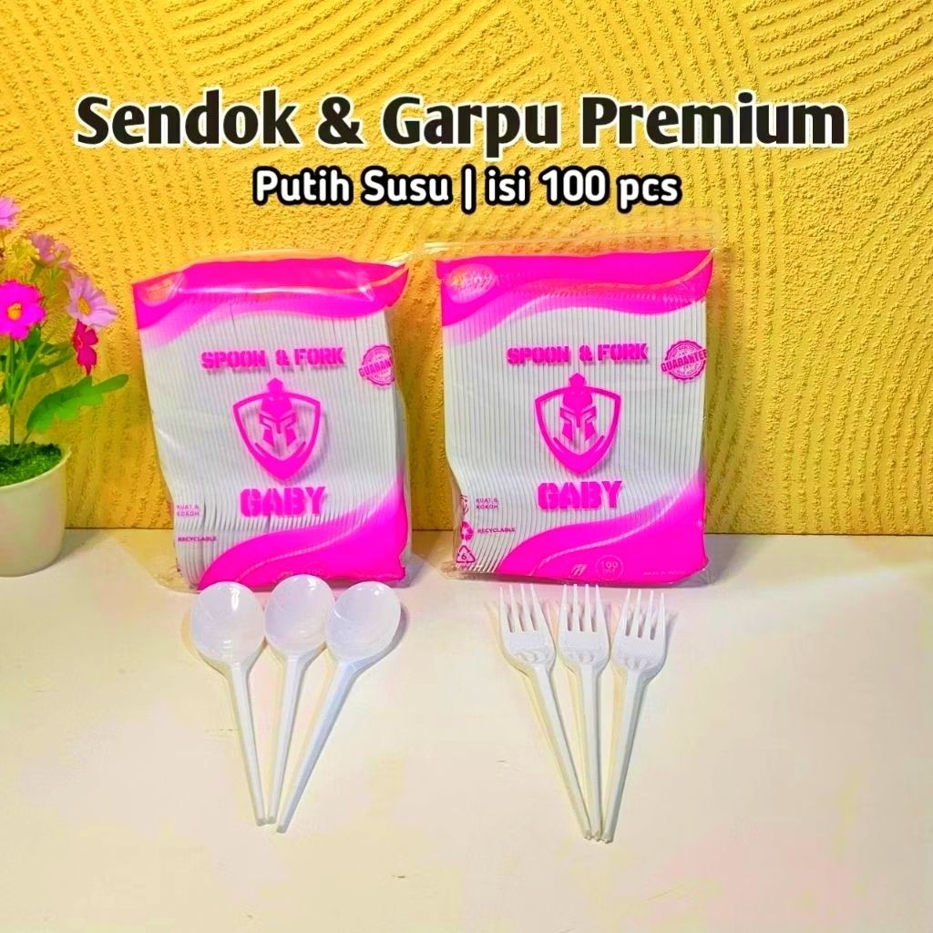 (100PCS) Sendok & Garpu Makan Plastik Putih Susu | Sendok Plastik