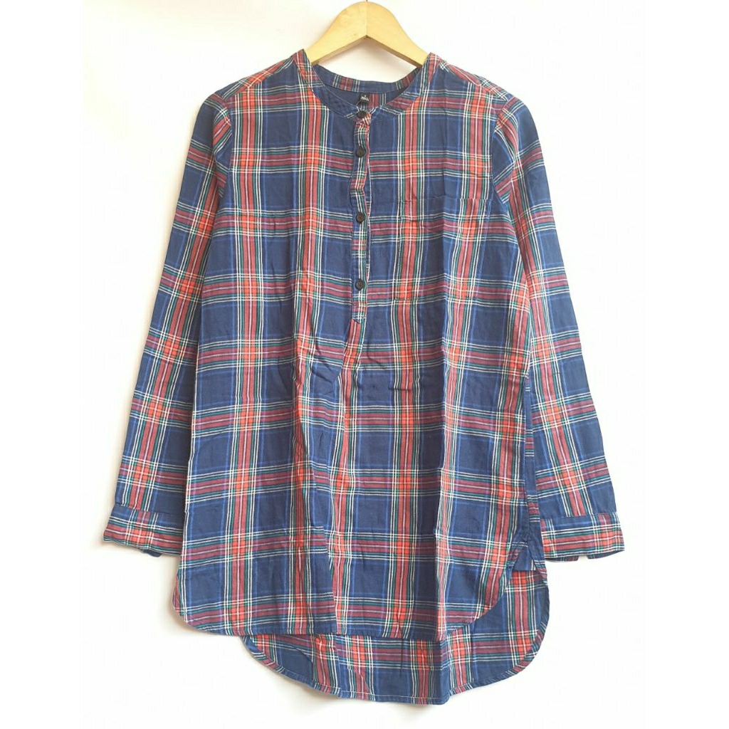 ​Kemeja Tunik Wanita Lengan Panjang Motif Kotak-Kotak Tartan Plaid Warna Biru Merah Atasan Casual Li