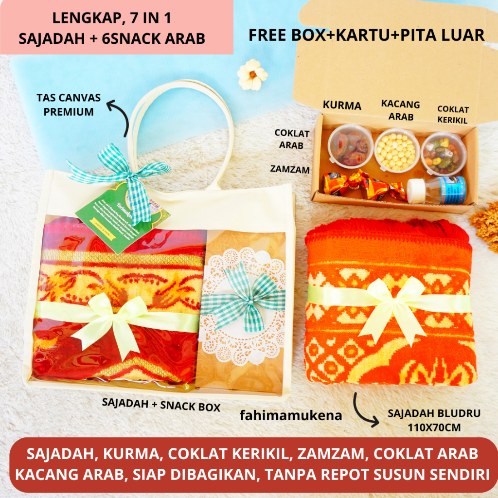 PAKET SOUVENIR OLEH OLEH HAJI UMROH PREMIUM - Sajadah Bludru Jumbo Snack Arab Kurma Zamzam Coklat Ka