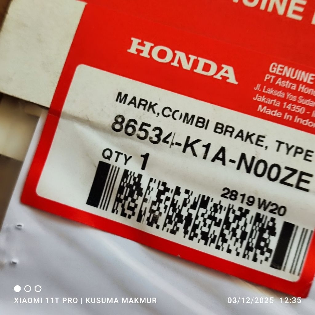 Mark Combi brake type 3 honda Beat K1A 2020-2024. 86534-K1A-N00ZE