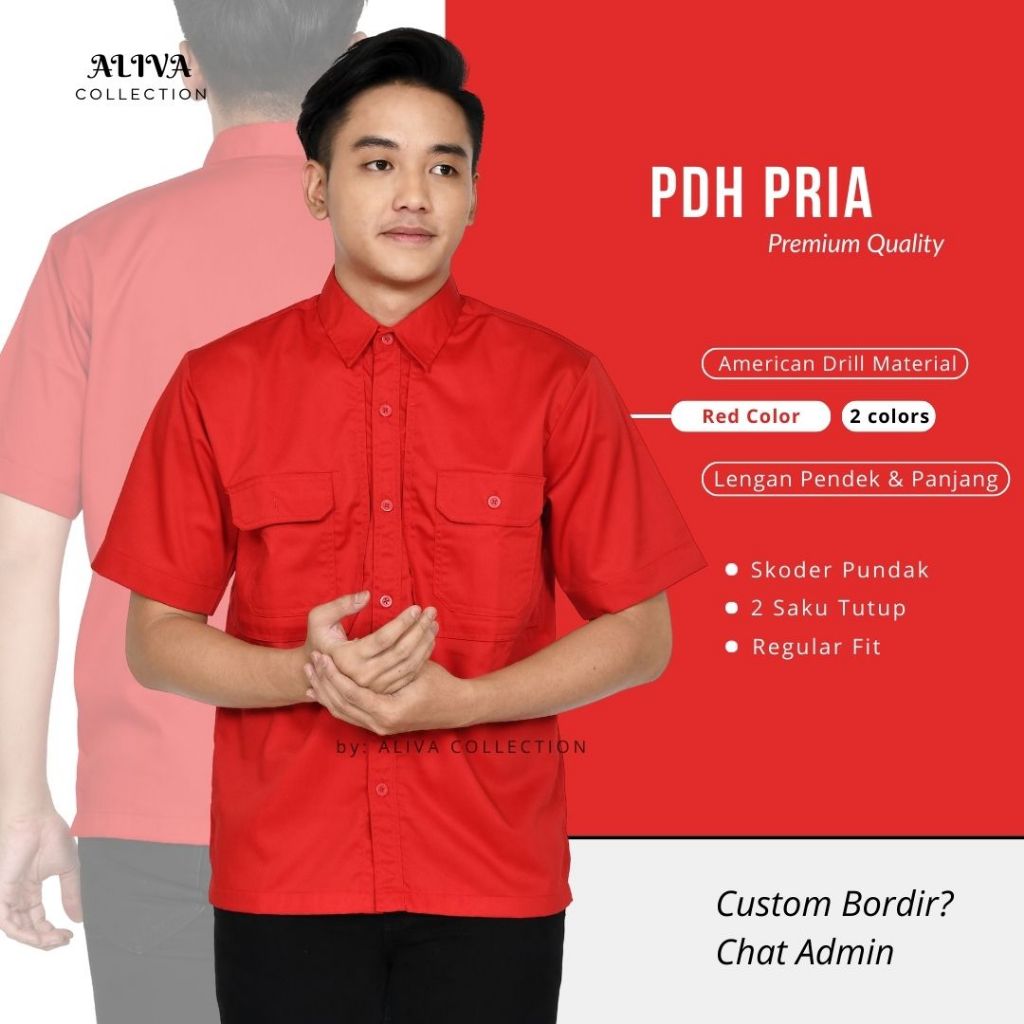 Kemeja PDL PDH Pria Baju Proyek Baju Karyawan Merah Tangan Pendek