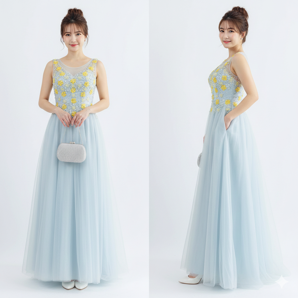 DANDELION APPLIQUE SEQUINED TULLE SILVER BALL GOWN [vyloved preloved]