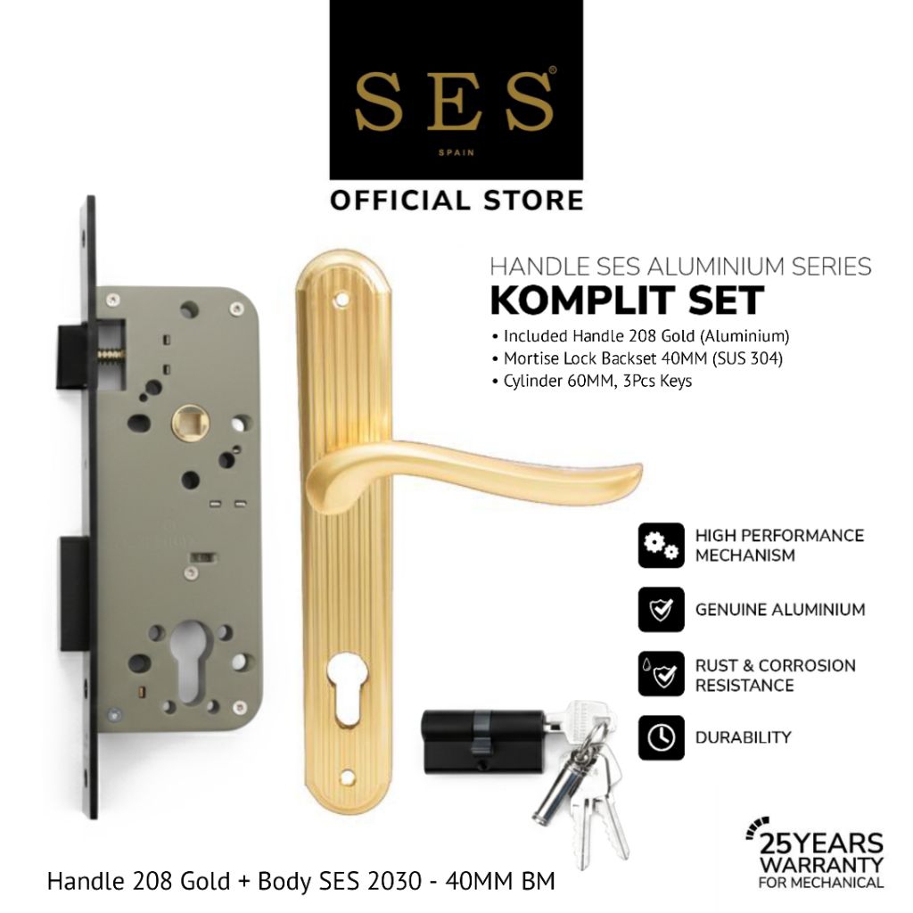 Gagang Pintu Set - Handle Pintu SES 208 Gold + Body Kunci SES 2030 - 40mm BM