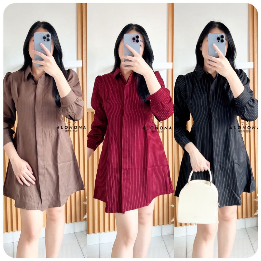 ELLY MINI DRESS BAJU GAUN KEMEJA WANITA IMLEK CNY CHRISTMAS NATAL MAROON MERAH HITAM COKLAT