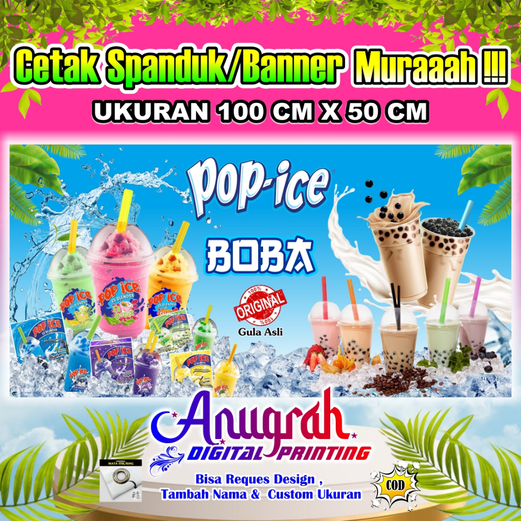 Spanduk Banner Pop Ice Boba Ukuran 100 cm x 50 cm