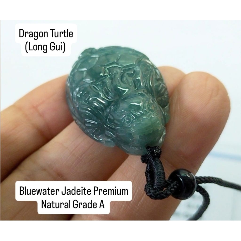 Liontin Giok Dragon Turtle 100% Giok Asli Burma Bluewater Jadeite Premium Langka Bersertifikat Grade