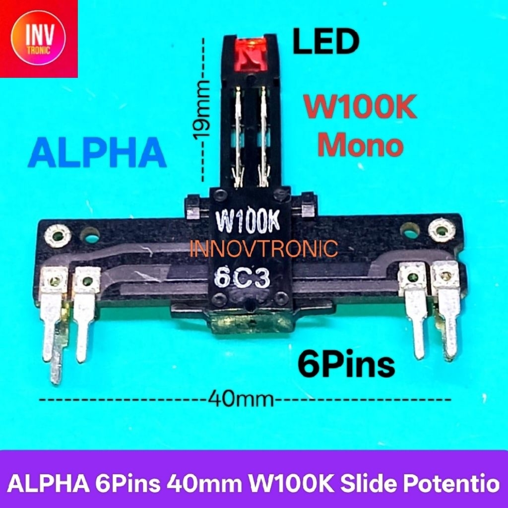 ALPHA W100K Mono Slide Potentio LED 40mm 4Cm 6 pin Potensio Geser Tipis